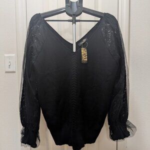 NWT Suzanna Betro Plus Black and Lace Sleeve Sweater 1X/2X New Top Blouse Shirt
